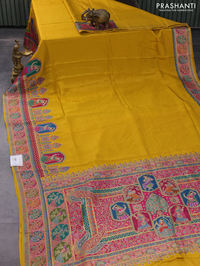 Banarasi silk saree mustard yellow with plain body and position prints