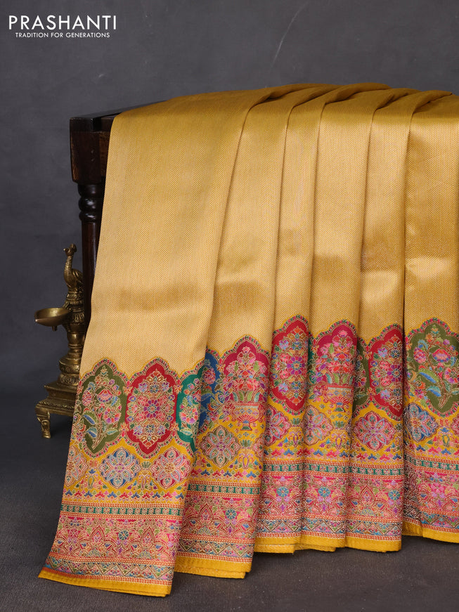 Banarasi silk saree mustard yellow with zari weaves and position prints
