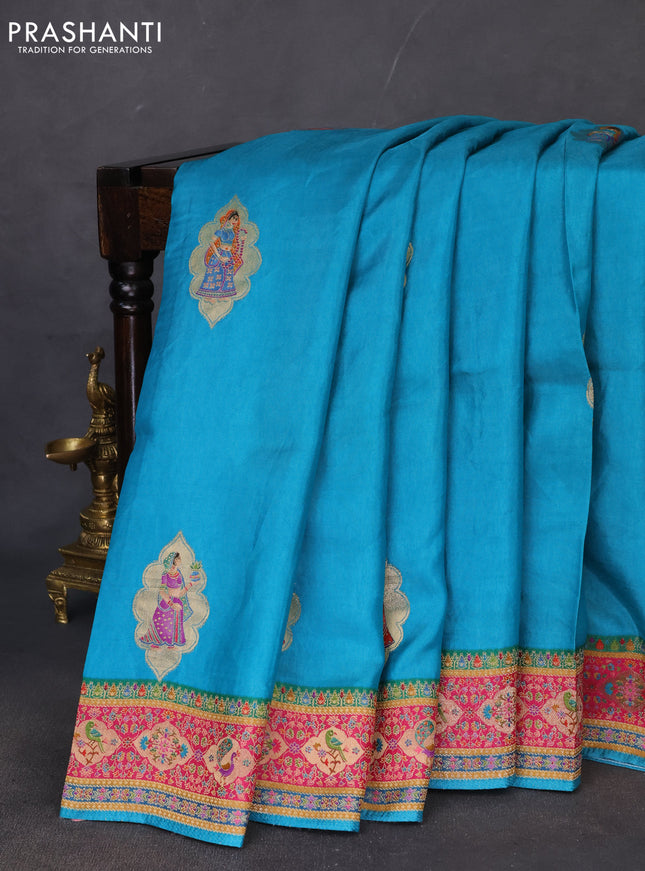Banarasi silk saree teal blue with position butta prints and position prints
