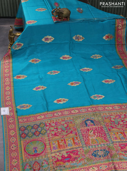 Banarasi silk saree teal blue with position butta prints and position prints