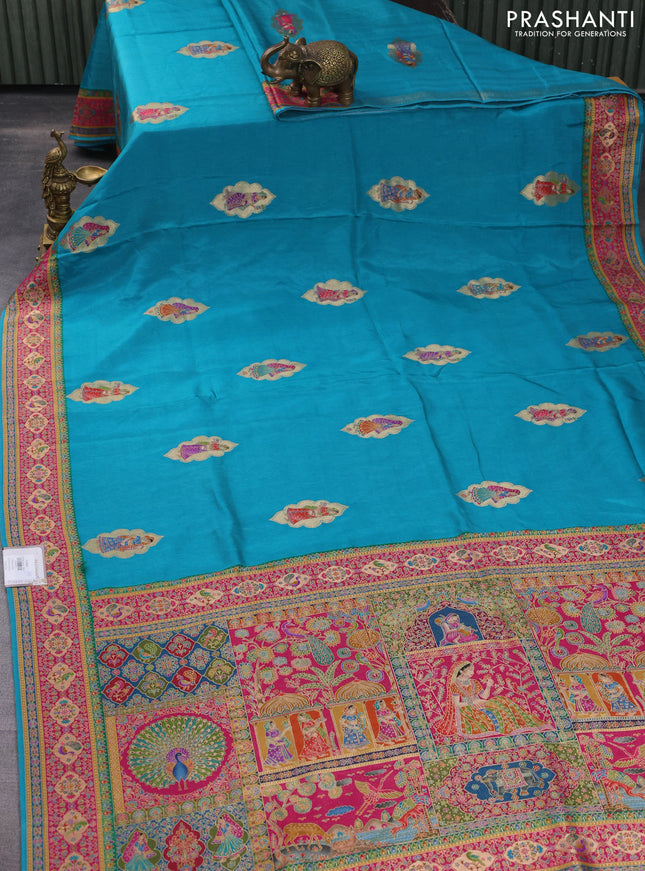 Banarasi silk saree teal blue with position butta prints and position prints