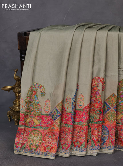 Banarasi silk saree pastel green with plain body and position prints