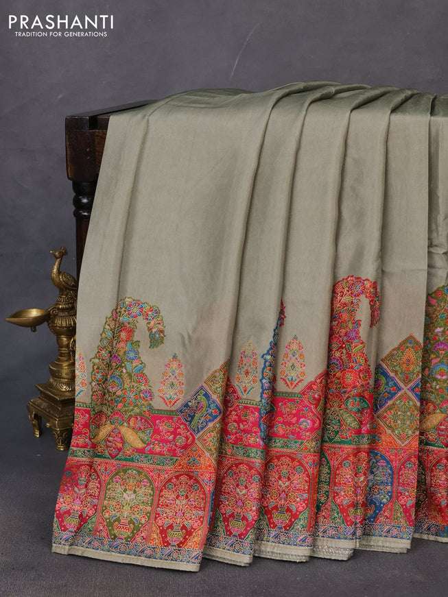 Banarasi silk saree pastel green with plain body and position prints