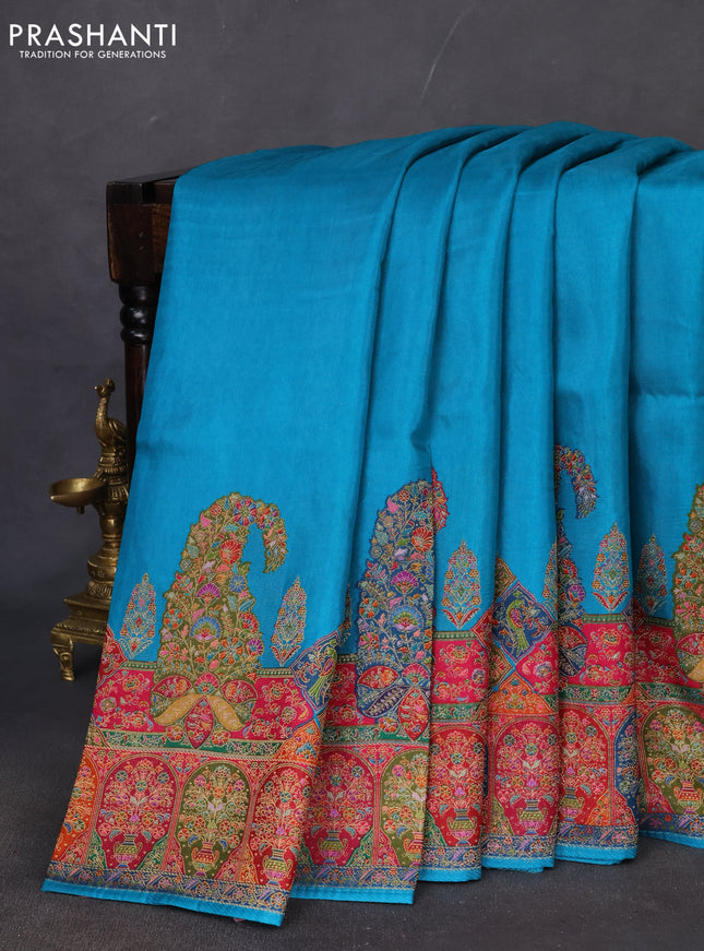 Banarasi silk saree teal blue with plain body and position prints