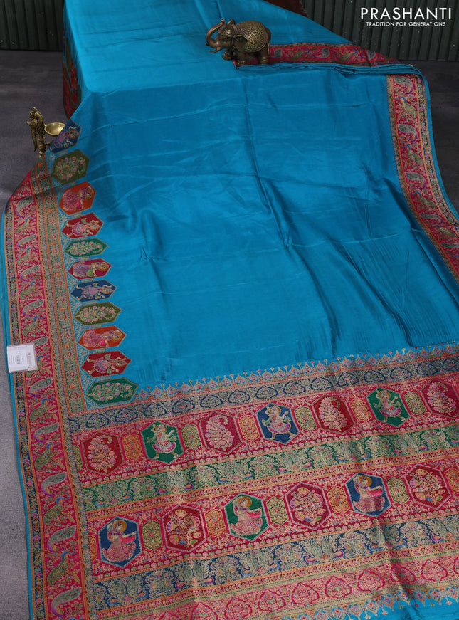 Banarasi silk saree teal blue with plain body and position prints
