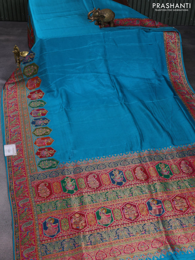 Banarasi silk saree teal blue with plain body and position prints