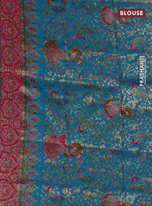 Banarasi silk saree teal blue with plain body and position prints