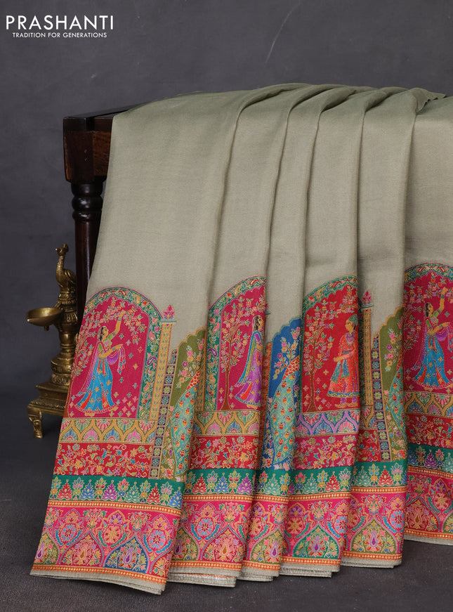 Banarasi silk saree pastel green with plain body and position prints