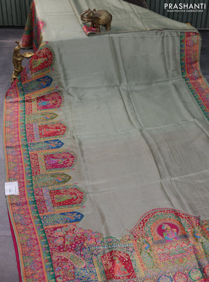 Banarasi silk saree pastel green with plain body and position prints