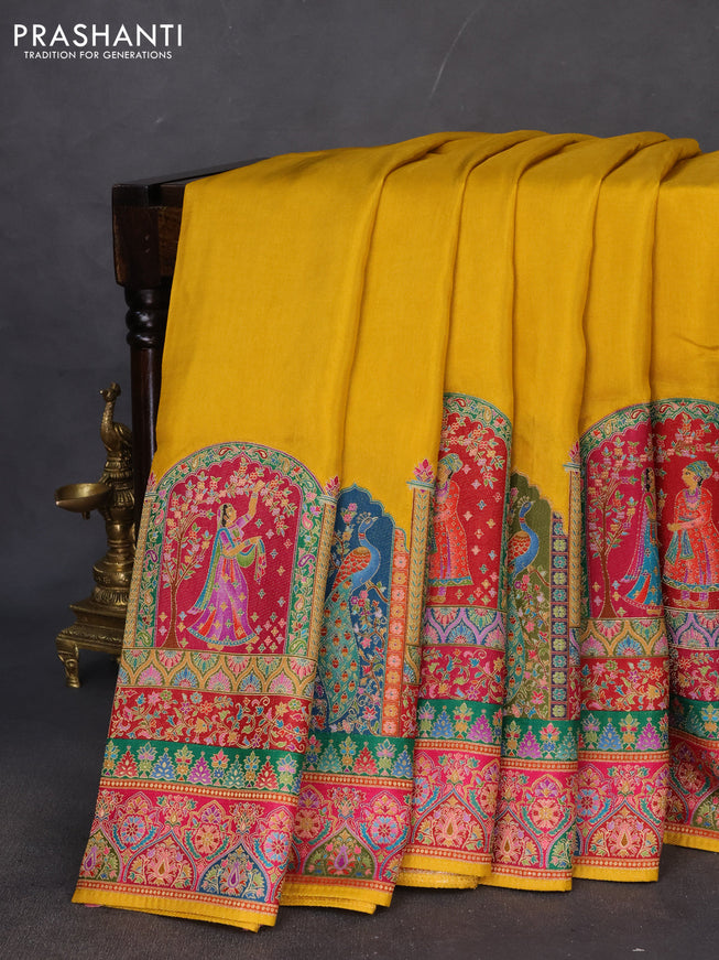 Banarasi silk saree mustard yellow with plain body and position prints