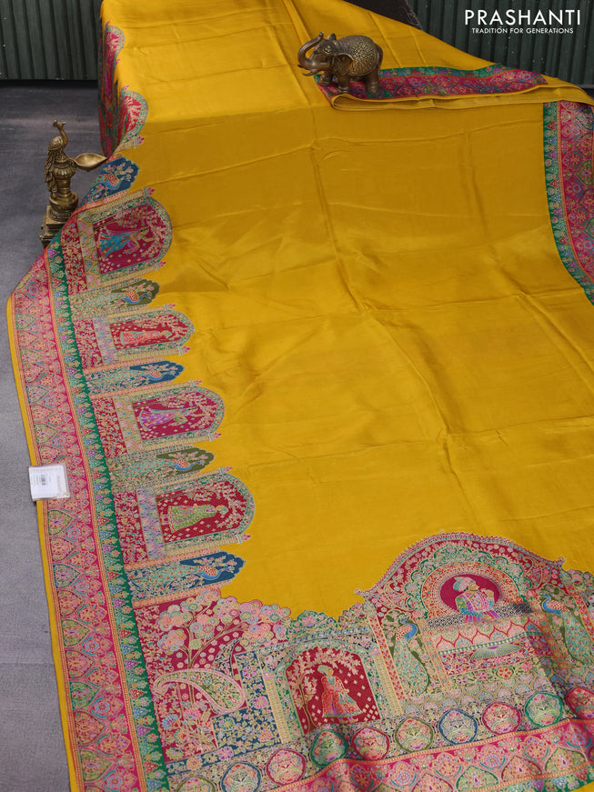 Banarasi silk saree mustard yellow with plain body and position prints
