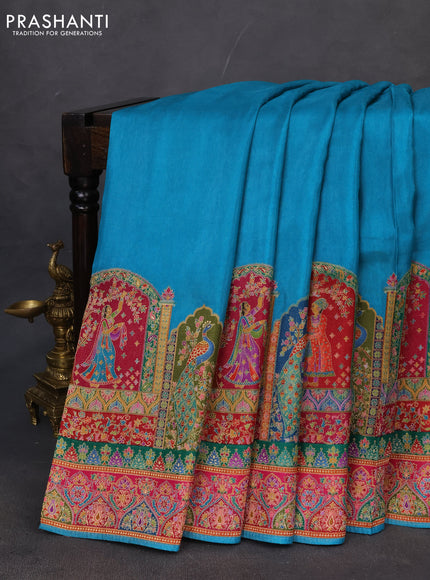 Banarasi silk saree teal blue with plain body and position prints