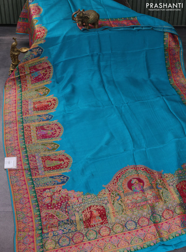 Banarasi silk saree teal blue with plain body and position prints