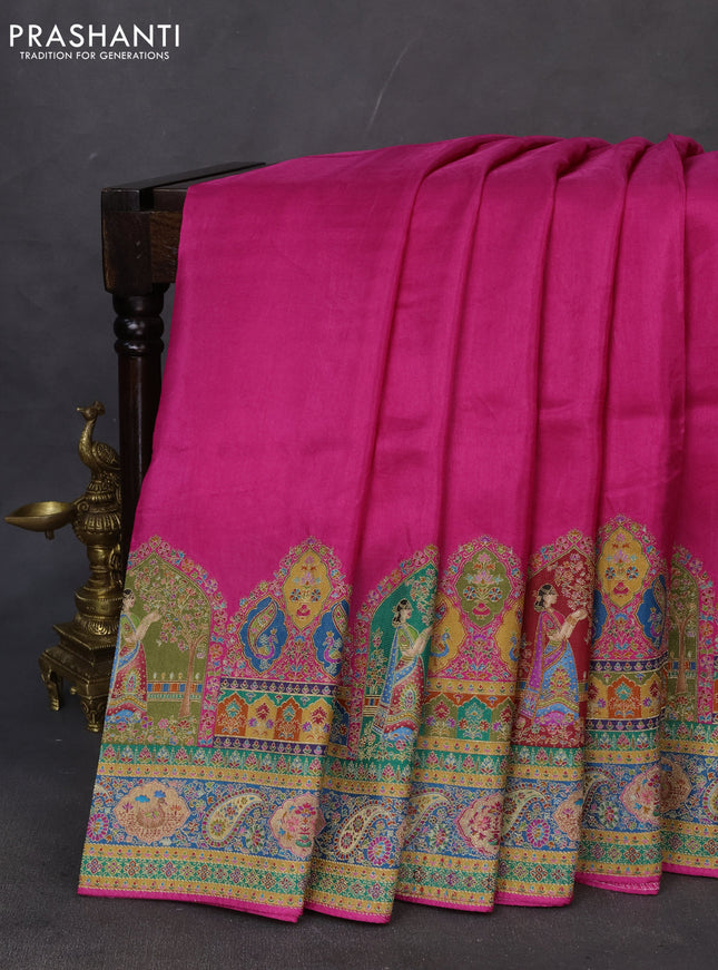 Banarasi silk saree pink with plain body and position prints
