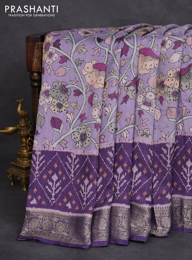 Matka tussar saree lavender shade and violet with allover kalamkari prints and zari woven border