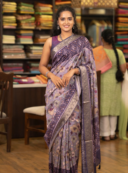 Matka tussar saree lavender shade and violet with allover kalamkari prints and zari woven border