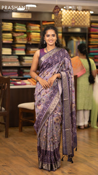 Matka tussar saree lavender shade and violet with allover kalamkari prints and zari woven border