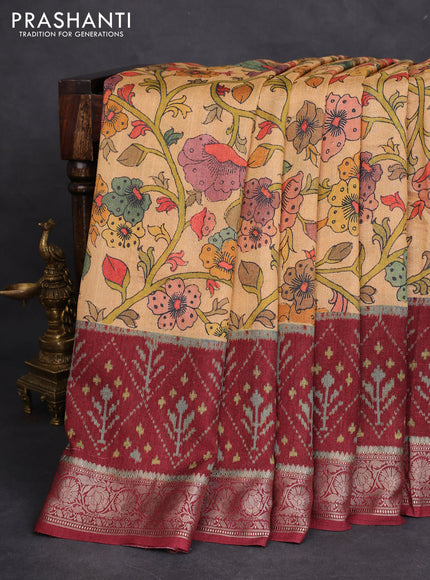 Matka tussar saree sandal and maroon with allover kalamkari prints and zari woven border