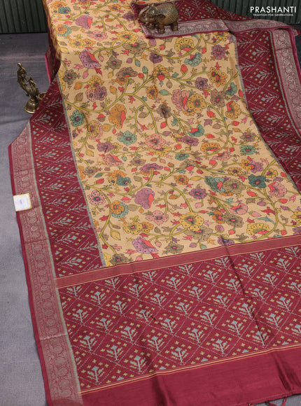 Matka tussar saree sandal and maroon with allover kalamkari prints and zari woven border