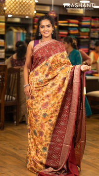 Matka tussar saree sandal and maroon with allover kalamkari prints and zari woven border