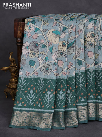 Matka tussar saree grey and green with allover kalamkari prints and zari woven border