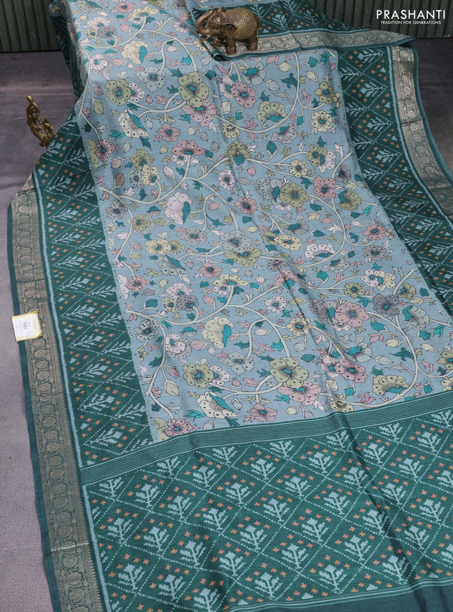 Matka tussar saree grey and green with allover kalamkari prints and zari woven border