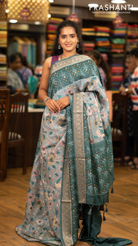 Matka tussar saree grey and green with allover kalamkari prints and zari woven border