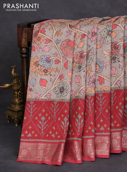 Matka tussar saree beige and maroon with allover kalamkari prints and zari woven border