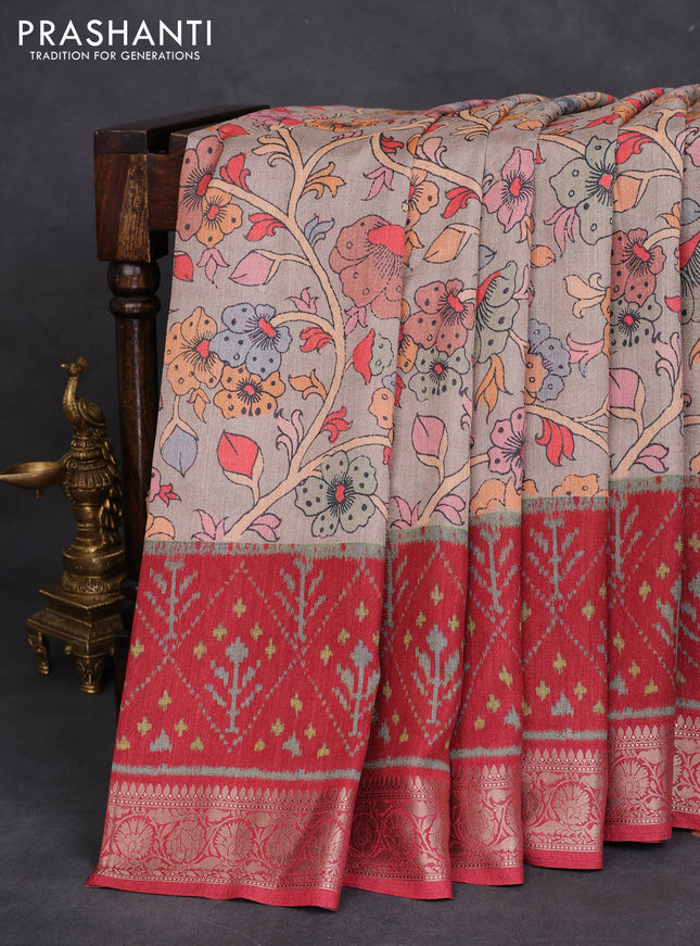 Matka tussar saree beige and maroon with allover kalamkari prints and zari woven border