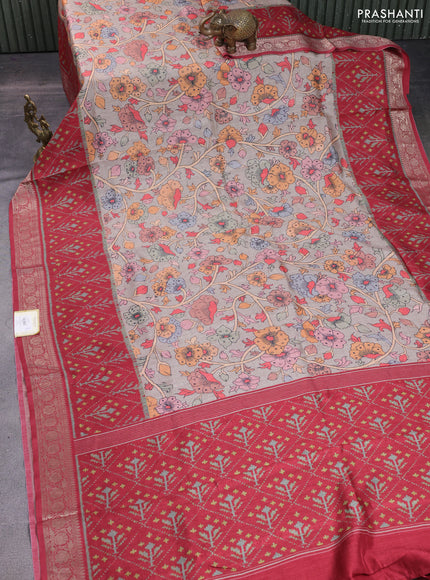 Matka tussar saree beige and maroon with allover kalamkari prints and zari woven border