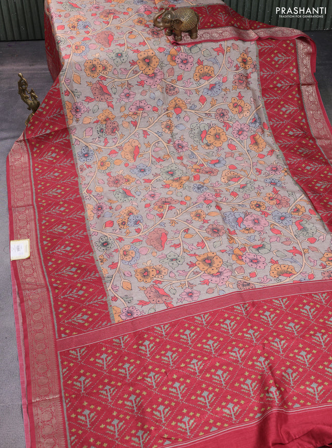 Matka tussar saree beige and maroon with allover kalamkari prints and zari woven border