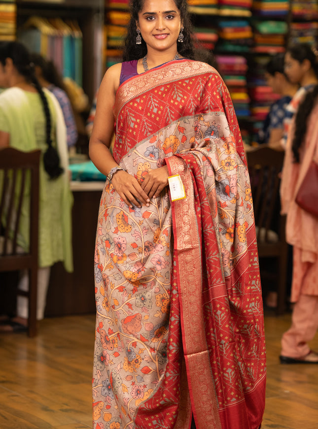 Matka tussar saree beige and maroon with allover kalamkari prints and zari woven border