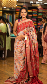 Matka tussar saree beige and maroon with allover kalamkari prints and zari woven border