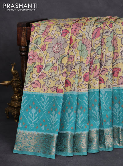 Matka tussar saree lime yellow and teal green with allover kalamkari prints and zari woven border