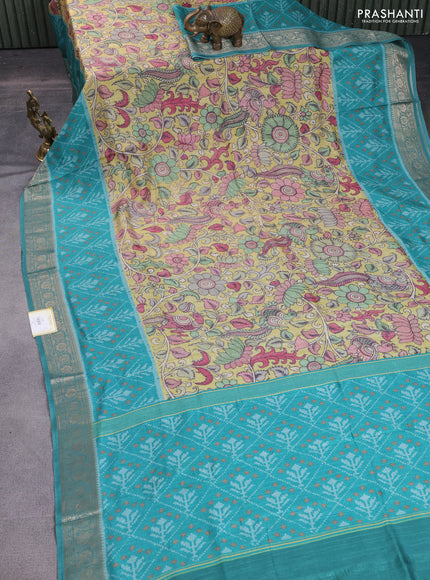 Matka tussar saree lime yellow and teal green with allover kalamkari prints and zari woven border
