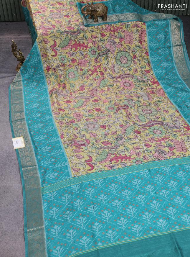 Matka tussar saree lime yellow and teal green with allover kalamkari prints and zari woven border