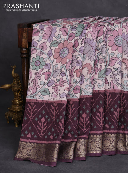 Matka tussar saree beige and deep wine shade with allover kalamkari prints and zari woven border