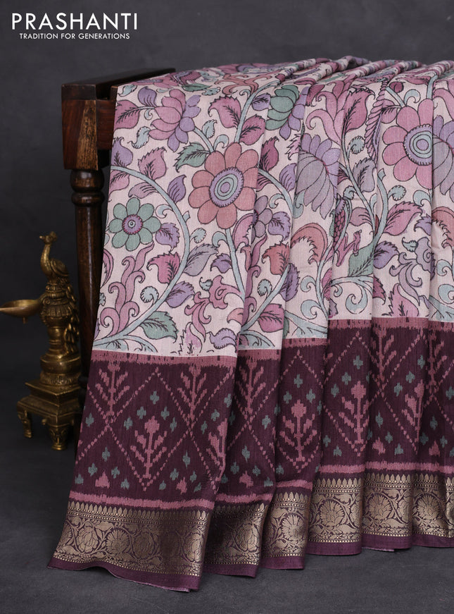 Matka tussar saree beige and deep wine shade with allover kalamkari prints and zari woven border