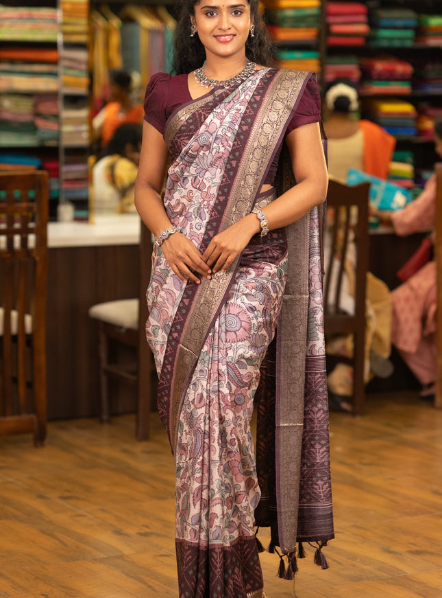 Matka tussar saree beige and deep wine shade with allover kalamkari prints and zari woven border