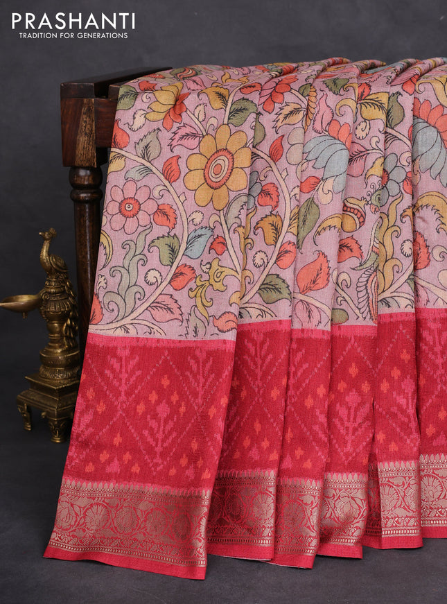 Matka tussar saree pastel pink and maroon with allover kalamkari prints and zari woven border