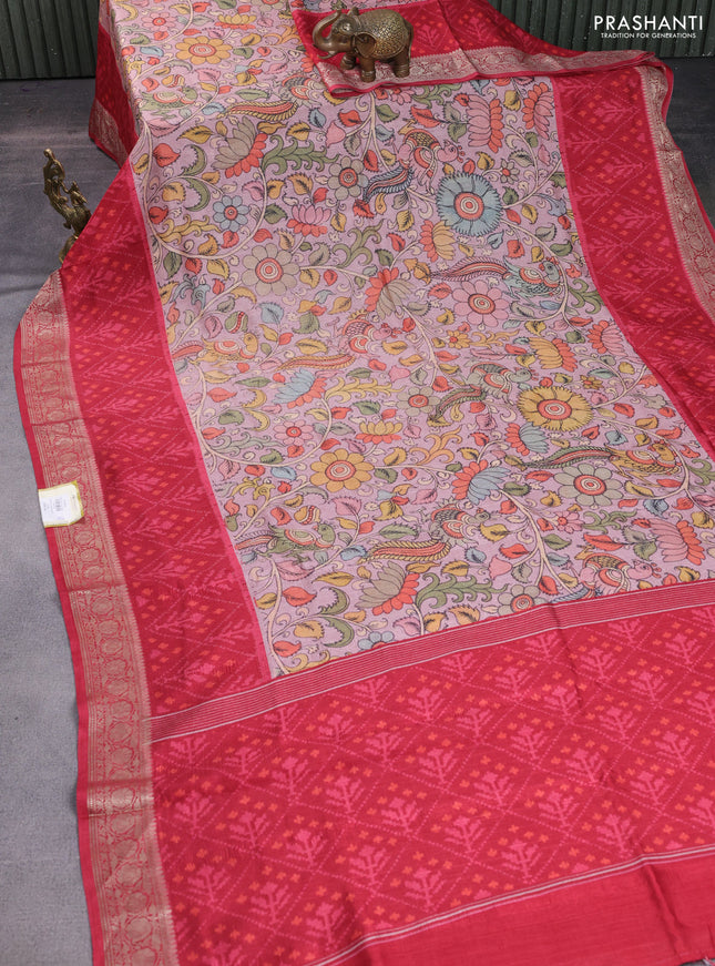 Matka tussar saree pastel pink and maroon with allover kalamkari prints and zari woven border