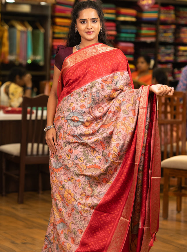 Matka tussar saree pastel pink and maroon with allover kalamkari prints and zari woven border