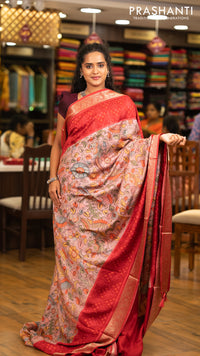 Matka tussar saree pastel pink and maroon with allover kalamkari prints and zari woven border