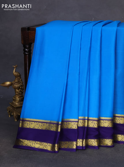 Pure mysore silk saree cs blue and blue with plain body and rettapet zari woven border