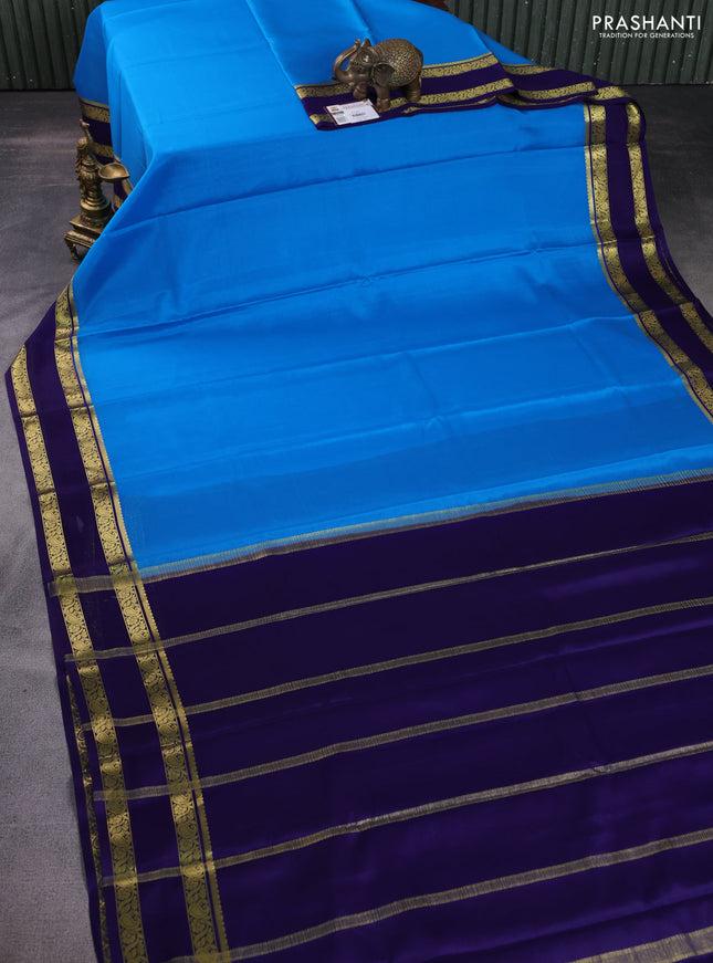 Pure mysore silk saree cs blue and blue with plain body and rettapet zari woven border