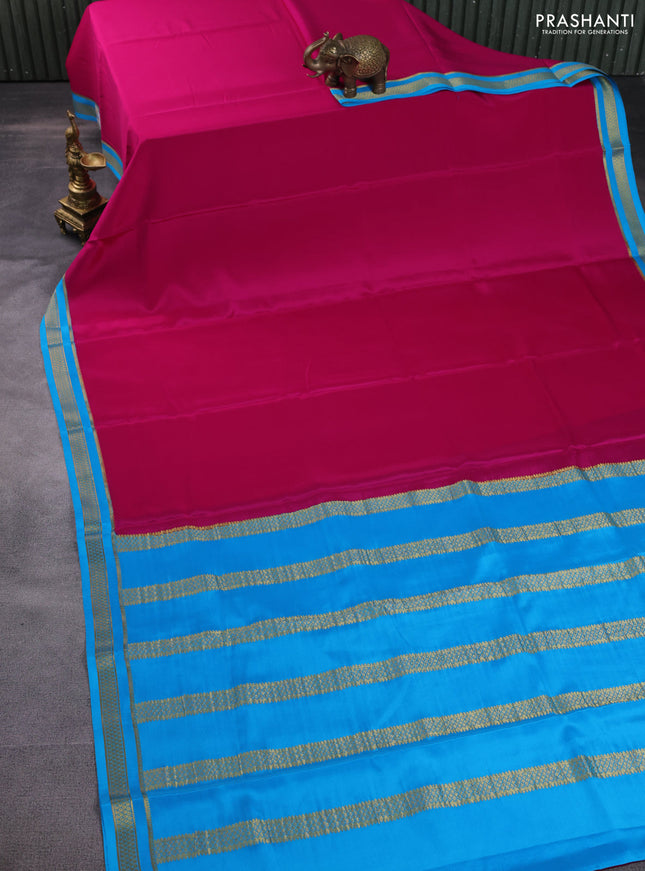 Pure mysore silk saree pink and light blue with plain body and zari woven border