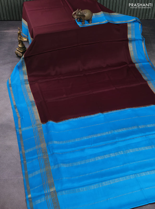 Pure mysore silk saree wine shade and cs blue with plain body and rettapet zari woven border