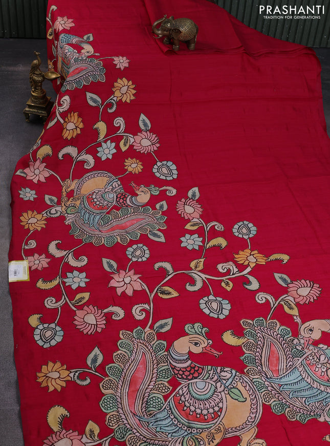 Semi tussar saree pink with kalamkari applique work in borderless style