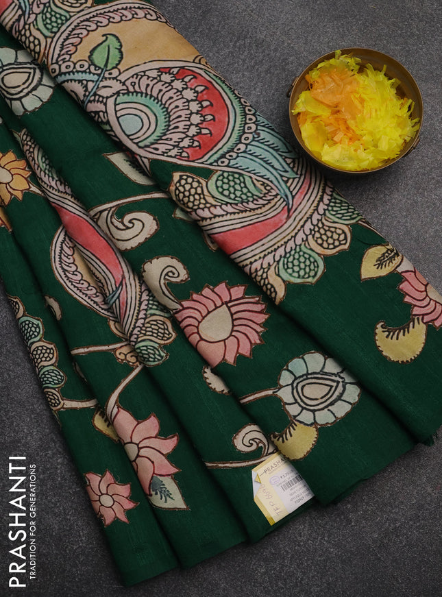 Semi tussar saree green with kalamkari applique work in borderless style