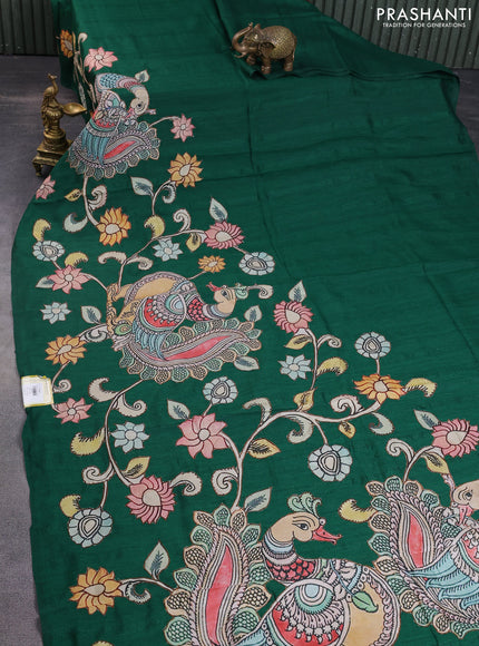 Semi tussar saree green with kalamkari applique work in borderless style